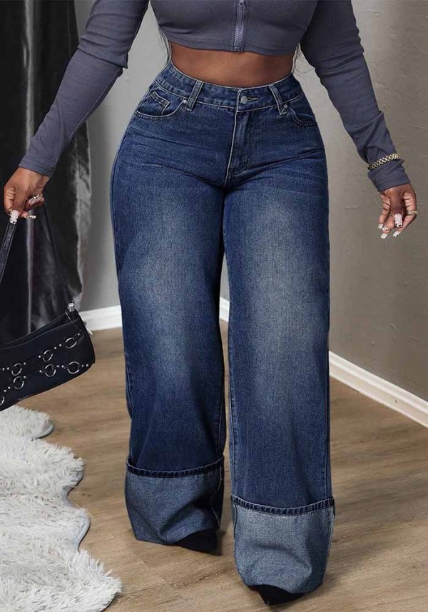 Women's Dark Blue Washed High Waist Slim Fit Wide Leg Jeans