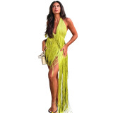 Women Party Tassel Halter Neck Sexy Backless Train Dress