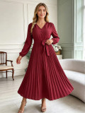Women's Light Blue Solid Color V Neck Lantern Sleeves Lace Up Detail Pleated High Waist Midi Dress(Processing Time 5-7 days）