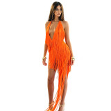 Women Party Tassel Halter Neck Sexy Backless Train Dress
