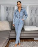 Women's Long Sleeve Slim Fit Wide Leg Denim Jumpsuit