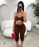 Women's Fashion Spot Print Sexy Strappy Top and Waist-High Butt Lift Pants Set