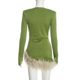 Sexy Solid Color Deep V Neck Long Sleeve Fuzzy Bodycon Dress