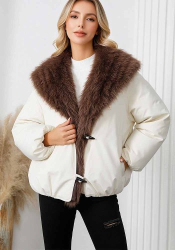 Fall Winter Women's Cotton Parka Jacket with Oversized Fur Collar and Toggle Buttons(Processing Time 5-7 days）
