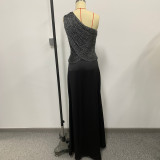 Women's Chic One Shoulder Silver Thread Top and Satin Maxi Skirt Formal Party Set