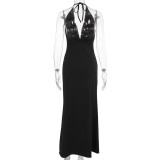 Women Halter Neck V Neck Backless Maxi Dress