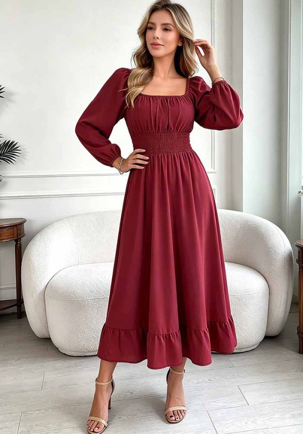 Women's Square Neck Long Sleeve Slim Waist and Ruffle Smocked Midi Dress(Processing Time 5-7 days)
