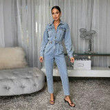 Women's Long Sleeve Slim Fit Wide Leg Denim Jumpsuit