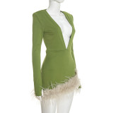 Sexy Solid Color Deep V Neck Long Sleeve Fuzzy Bodycon Dress