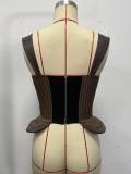 Women's Striped Contrast Leather Trim Underwire Cups Slim Fit Corset Top