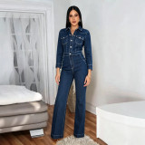 Women's Long Sleeve Slim Fit Wide Leg Denim Jumpsuit