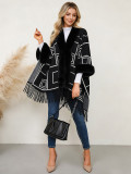Women's Black White Geometric Knit Cape with Fringe Warm Shawl Design(Processing Time 5-7 days）