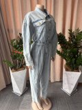 Women's Long Sleeve Slim Fit Wide Leg Denim Jumpsuit