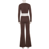 Women's Contrast Polka Dot Three Piece Tracksuit with Strapless Top Long Sleeve Top and Flared Pants