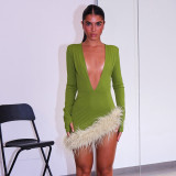 Sexy Solid Color Deep V Neck Long Sleeve Fuzzy Bodycon Dress
