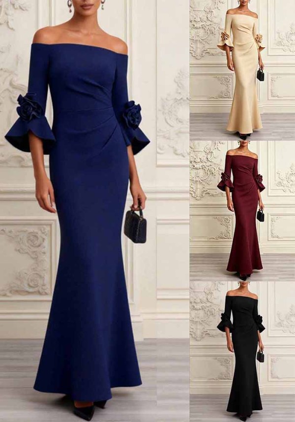 Fall Women's Off Shoulder Floral Print Slim Waist Floor Length Evening Dress