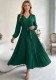 Women's Light Blue Solid Color V Neck Lantern Sleeves Lace Up Detail Pleated High Waist Midi Dress(Processing Time 5-7 days）