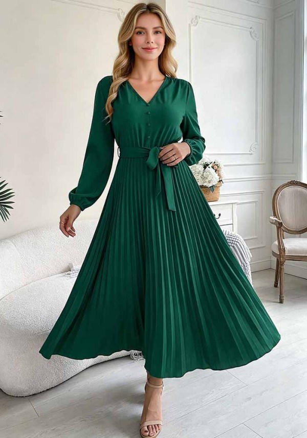 Women's Light Blue Solid Color V Neck Lantern Sleeves Lace Up Detail Pleated High Waist Midi Dress(Processing Time 5-7 days)