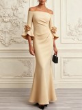Fall Women's Off Shoulder Floral Print Slim Waist Floor Length Evening Dress