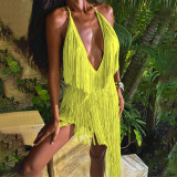 Women Party Tassel Halter Neck Sexy Backless Train Dress