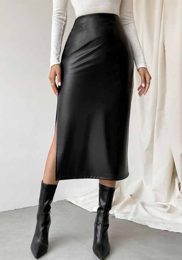 Fall Winter Women's High Waist PU Leather Side Slit Maxi Bodycon Skirt