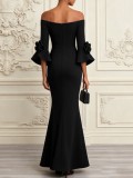 Fall Women's Off Shoulder Floral Print Slim Waist Floor Length Evening Dress