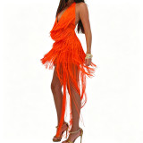 Women Party Tassel Halter Neck Sexy Backless Train Dress