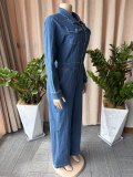 Women's Long Sleeve Slim Fit Wide Leg Denim Jumpsuit