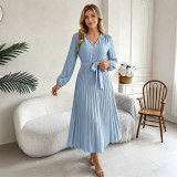 Women's Light Blue Solid Color V Neck Lantern Sleeves Lace Up Detail Pleated High Waist Midi Dress(Processing Time 5-7 days）