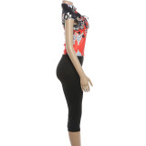 Women's Floral Print Short Sleeve Top and Cropped Pants Two Piece Set