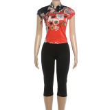 Women's Floral Print Short Sleeve Top and Cropped Pants Two Piece Set
