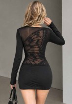 Sexy See Through Mesh Printed Patchwork Sleeveless Bodycon Mini Dress