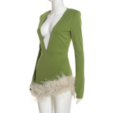 Sexy Solid Color Deep V Neck Long Sleeve Fuzzy Bodycon Dress
