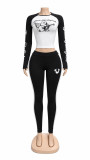 Women's Letter Print Long Sleeve Cropped T Shirt and High Waist Striped Slim Fit Pants Set