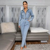 Women's Long Sleeve Slim Fit Wide Leg Denim Jumpsuit