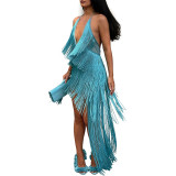 Women Party Tassel Halter Neck Sexy Backless Train Dress
