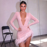 Sexy Solid Color Deep V Neck Long Sleeve Fuzzy Bodycon Dress