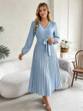 Women's Light Blue Solid Color V Neck Lantern Sleeves Lace Up Detail Pleated High Waist Midi Dress(Processing Time 5-7 days）