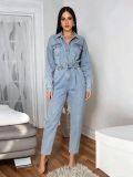 Women's Long Sleeve Slim Fit Wide Leg Denim Jumpsuit