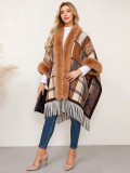 Women's Black White Geometric Knit Cape with Fringe Warm Shawl Design(Processing Time 5-7 days）
