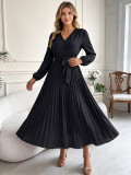 Women's Light Blue Solid Color V Neck Lantern Sleeves Lace Up Detail Pleated High Waist Midi Dress(Processing Time 5-7 days）