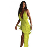 Women Party Tassel Halter Neck Sexy Backless Train Dress