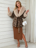Women's Leopard Print Faux Fur Coat with Belt(Processing Time 5-7 days）