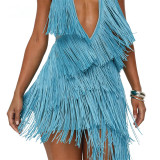 Women Party Tassel Halter Neck Sexy Backless Train Dress