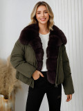 Fall Winter Women's Cotton Jacket with Faux Fur Collar and Turn Down Collar(Processing Time 5-7 days）