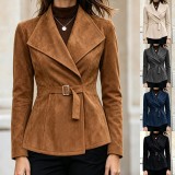 Fall Winter Women's Chic Suede Turn Down Collar Long Sleeve Jacket