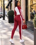 Women's Letter Print Long Sleeve Cropped T Shirt and High Waist Striped Slim Fit Pants Set
