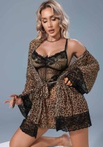 Women's Leopard Print See Through Strappy Three Piece Lingerie Set