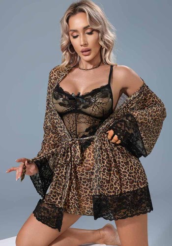 Women's Leopard Print See Through Strappy Three Piece Lingerie Set