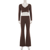 Women's Contrast Polka Dot Three Piece Tracksuit with Strapless Top Long Sleeve Top and Flared Pants